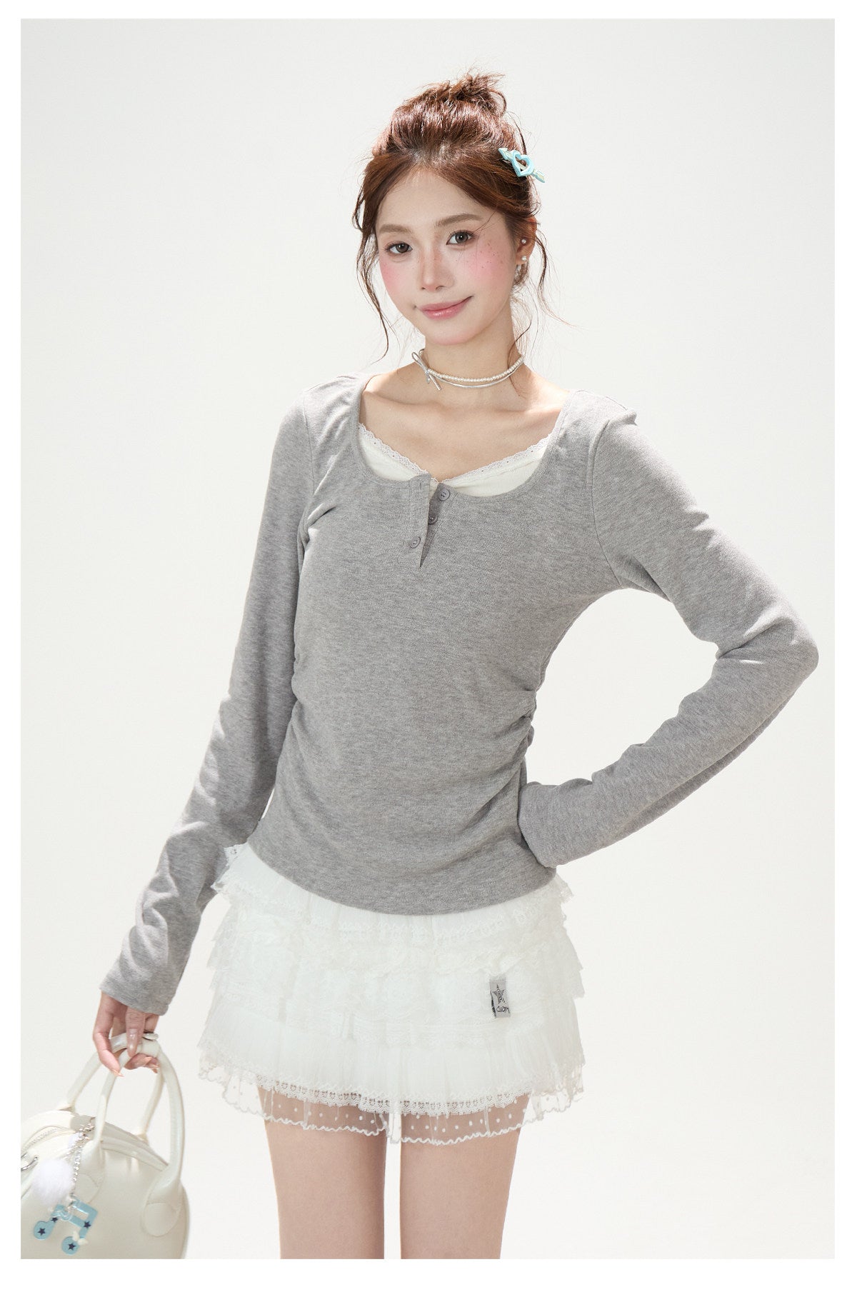 Faux-Layered V-Neck Long Sleeve Top & Ruffle Mini Skirt