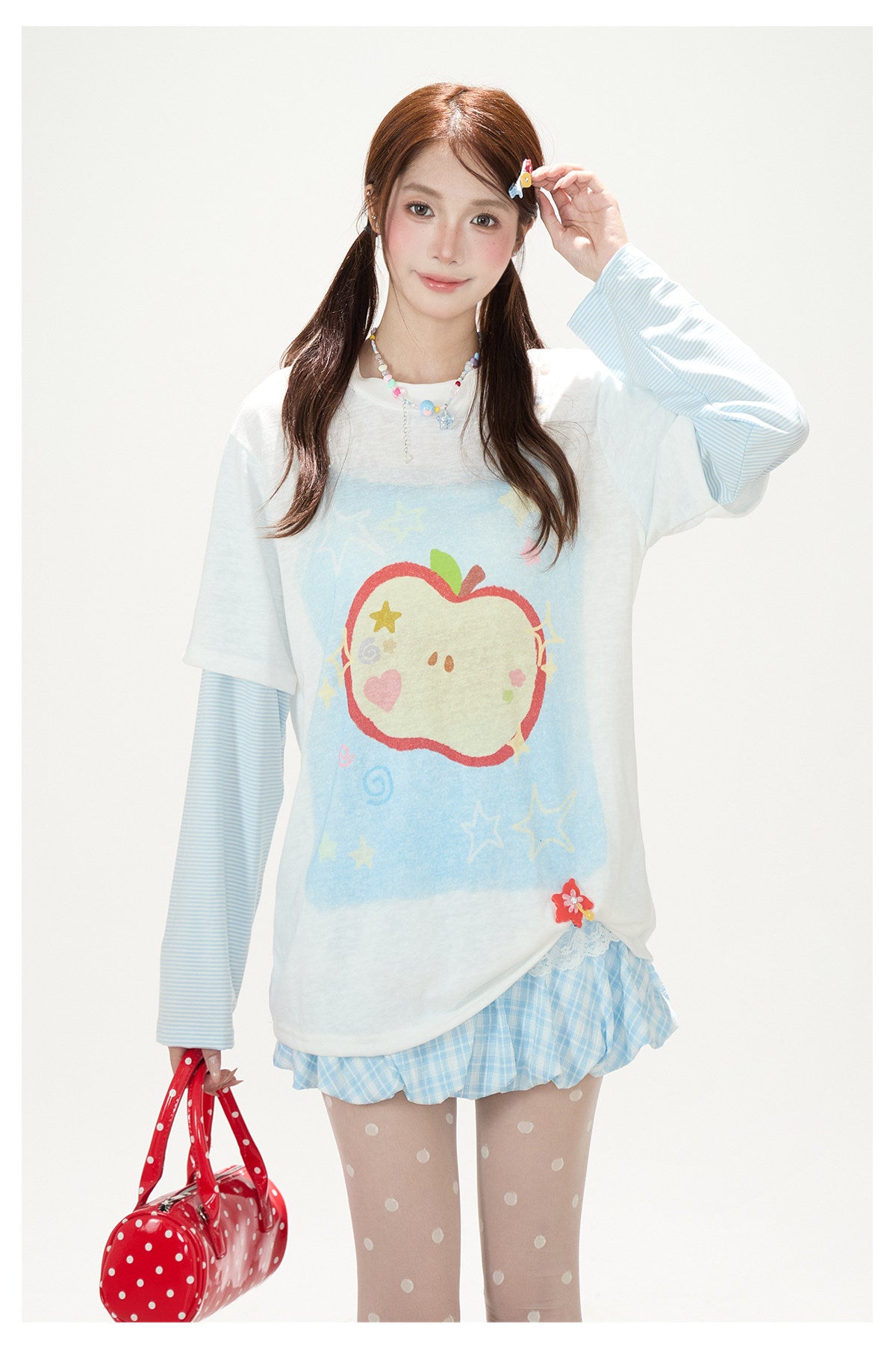 Apple Doodle Layered Long Sleeve Tee & Light Blue Ruffle Mini Skirt