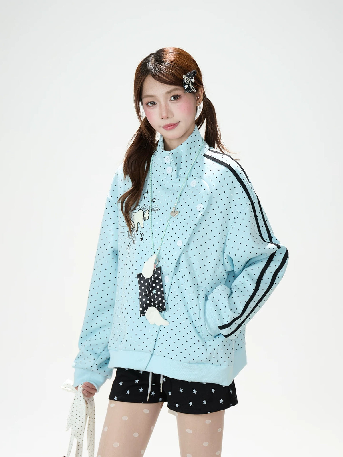 Polka-Dot Stripe Asymmetric Button Jacket & Star Print Shorts