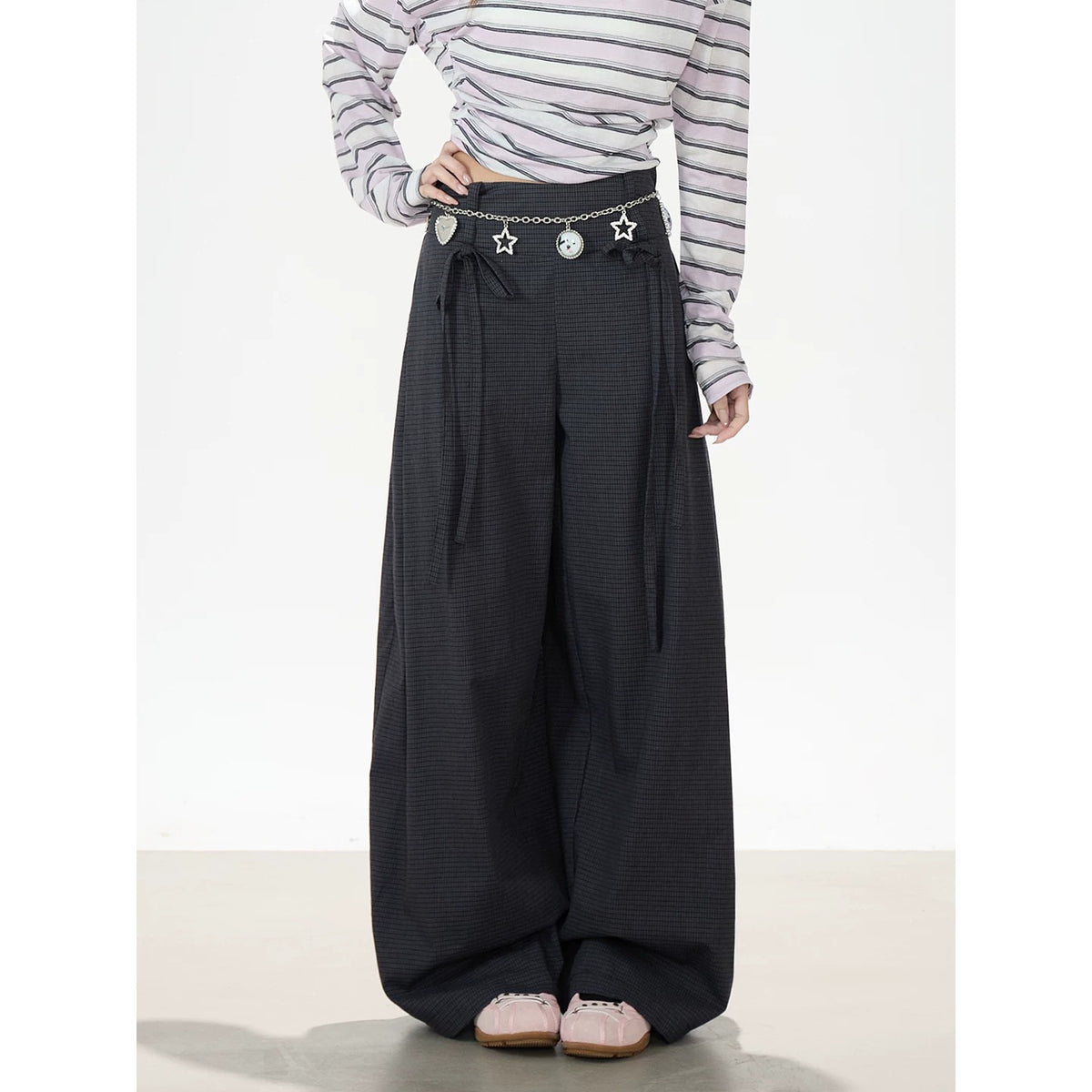 Striped Off-Shoulder Long Sleeve Top & Black Wide-Leg Pants
