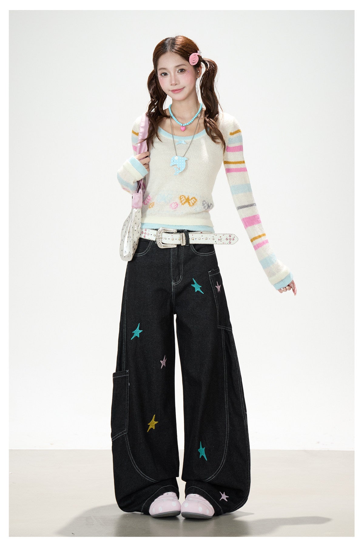 Star Embroidered Deconstructed Wide-Leg Cargo Jeans