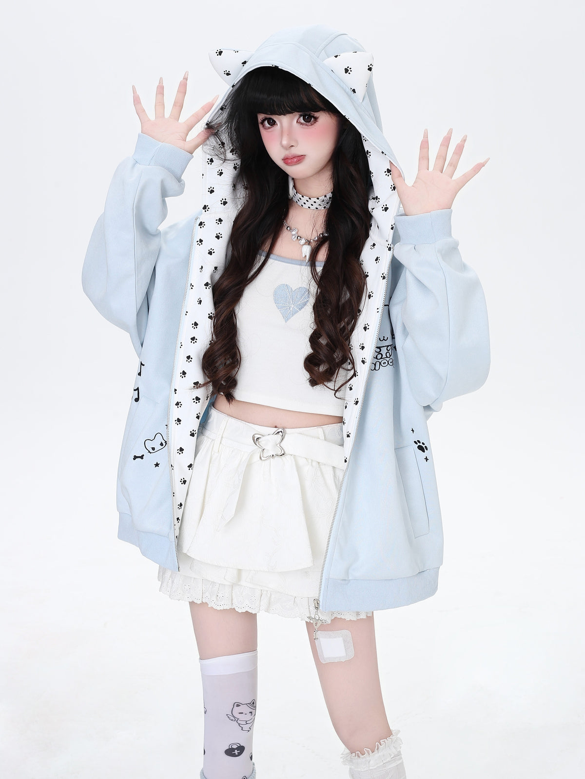 Cat Paw Embroidered Cat-Ear Zip Hoodie