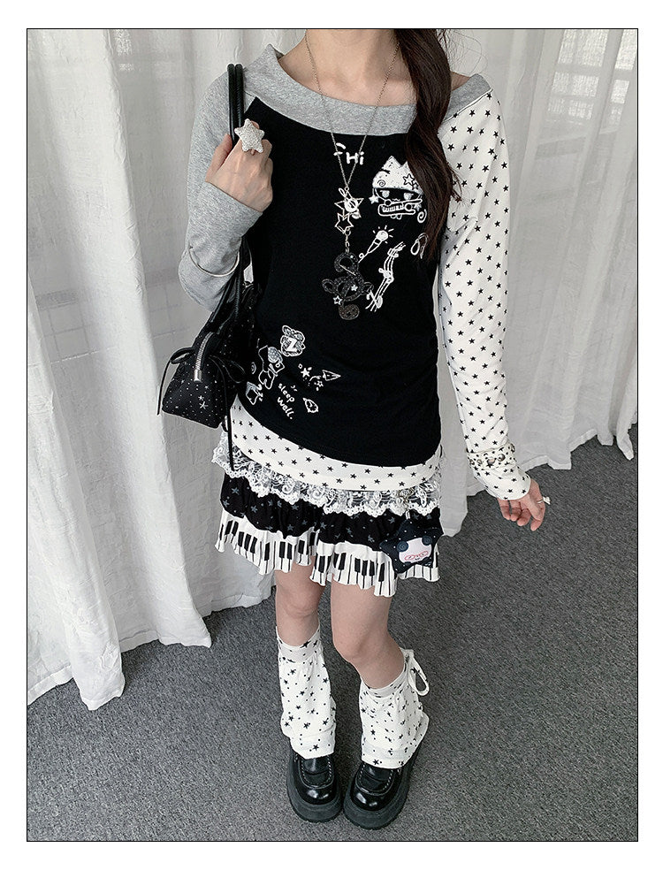 Star Graphic Asymmetric Layered Long Sleeve Top