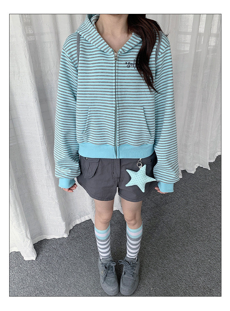 Mint Stripe Zip-Up Hoodie & Gray Utility Shorts