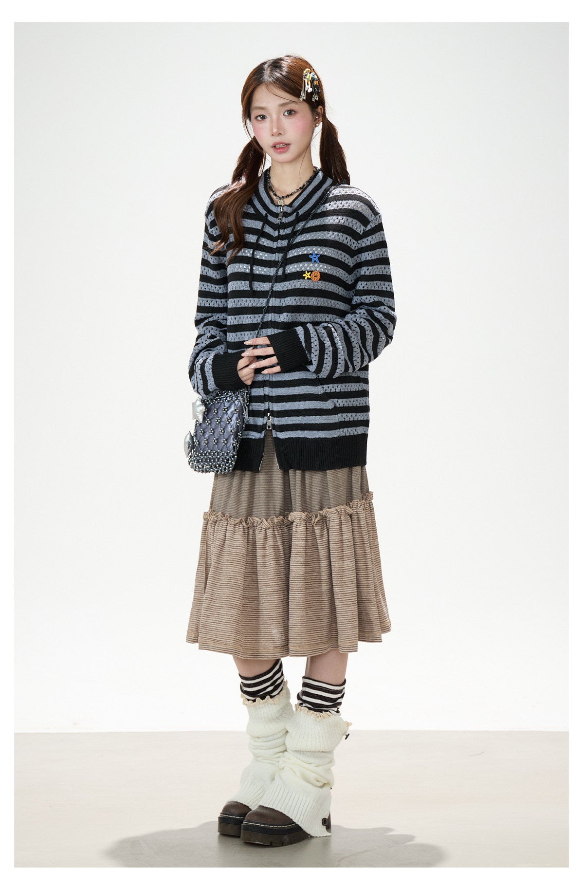 Striped Openwork Knit Cardigan & Black Polka-Dot Pleated Midi Skirt