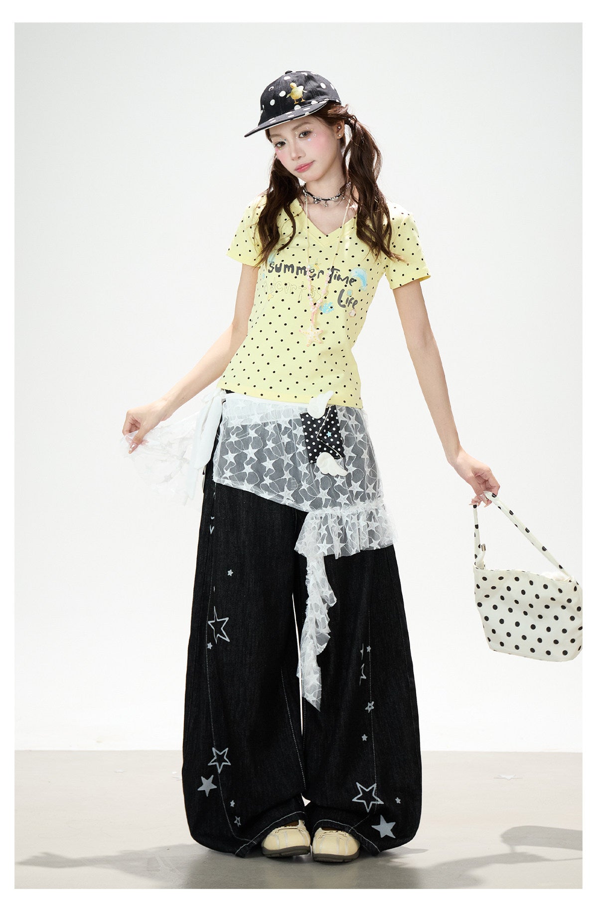 Star Print Lace Layered Wide-Leg Jeans