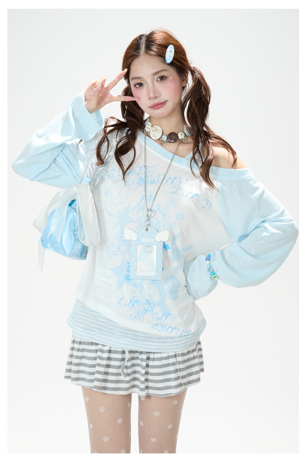 Faux Layered Off-Shoulder Graphic Long Sleeve Top