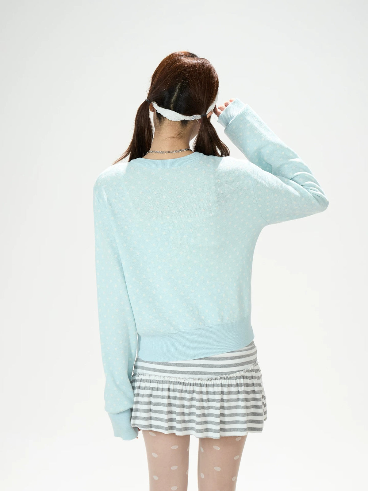 Polka-Dot Soft Knit Cardigan & Gray Mini Skirt