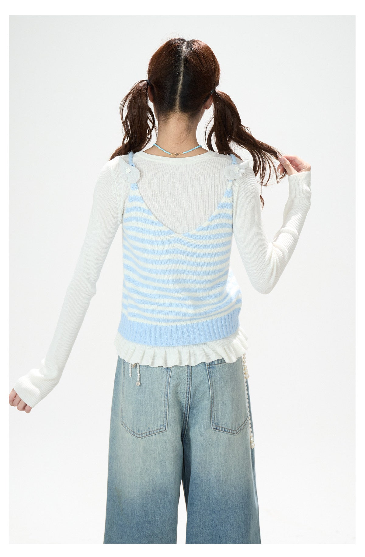Soft Stripe Knit Vest & Long Sleeve Layered Two-Piece Set