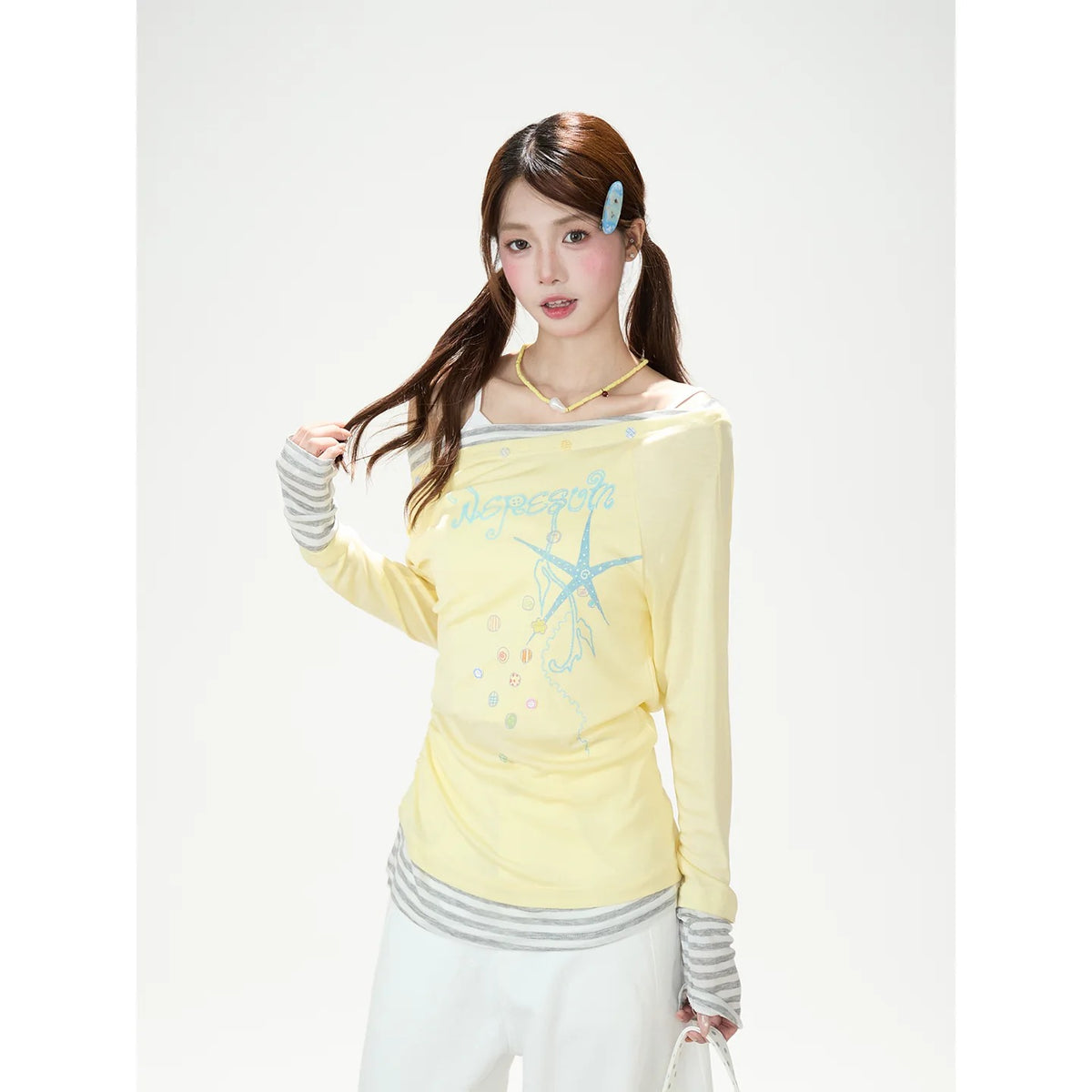 Starfish Stripe Off-Shoulder Layered Long Sleeve Top & Graphic Wide-Leg Pants