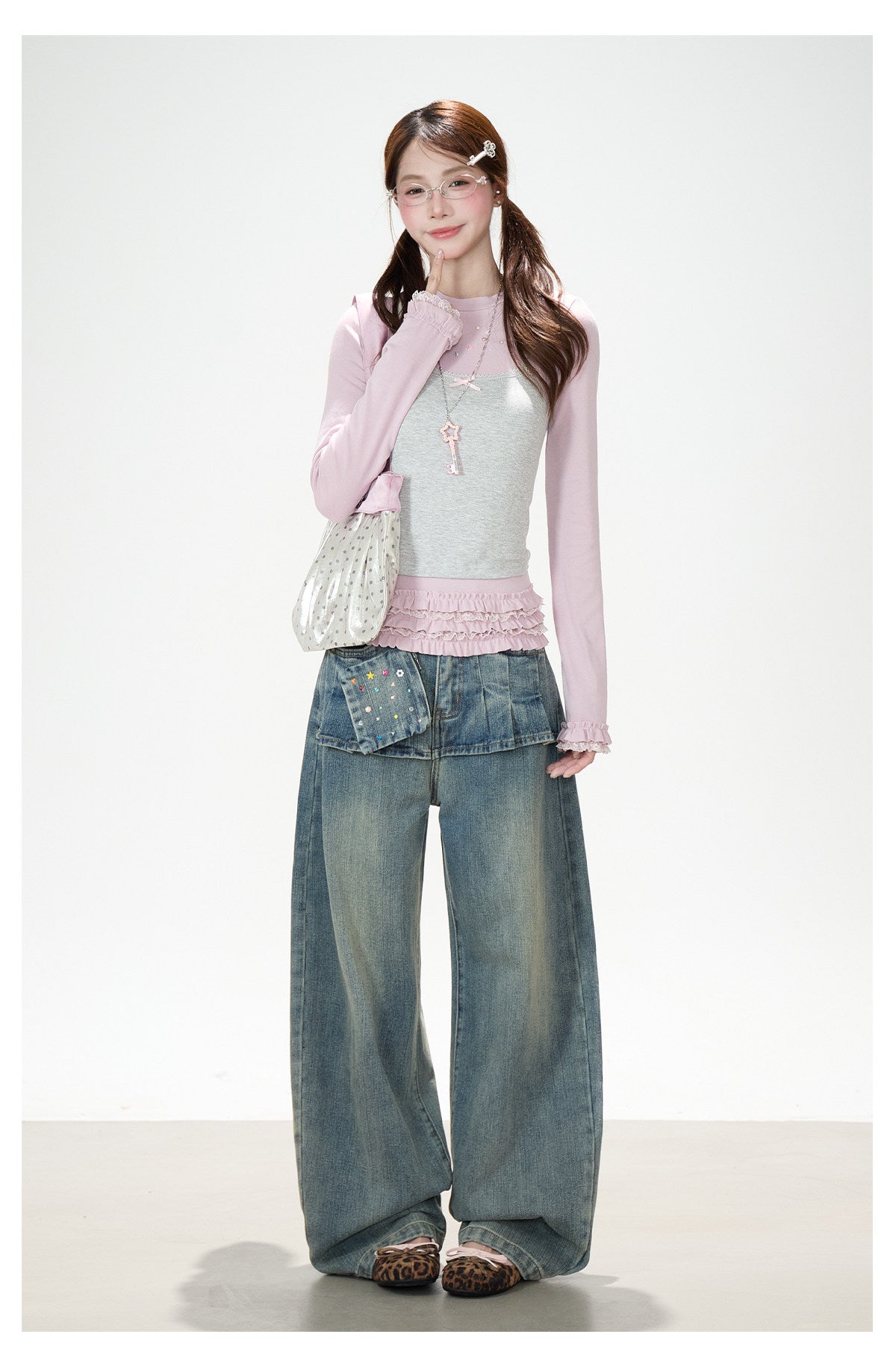 Gray Pink Layered Lace Ruffle Long Sleeve Top