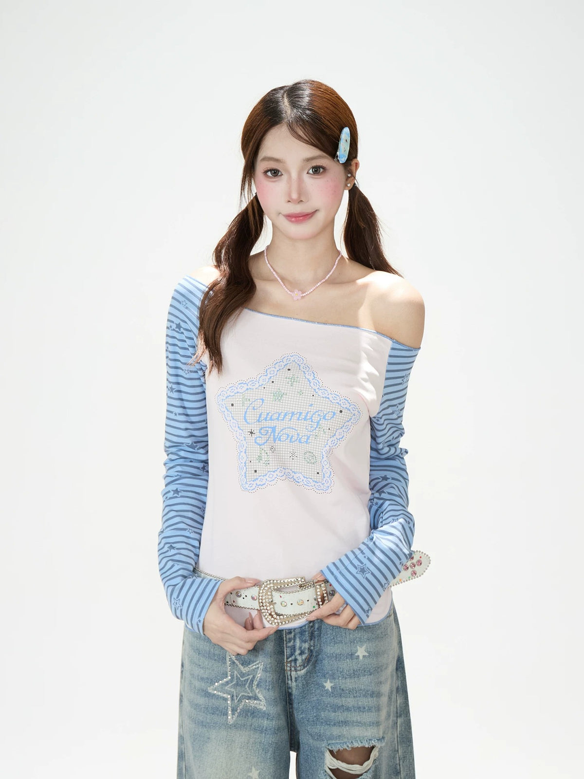 Star Stripe Off-Shoulder Long Sleeve Top & Graphic Star Wide-Leg Pants