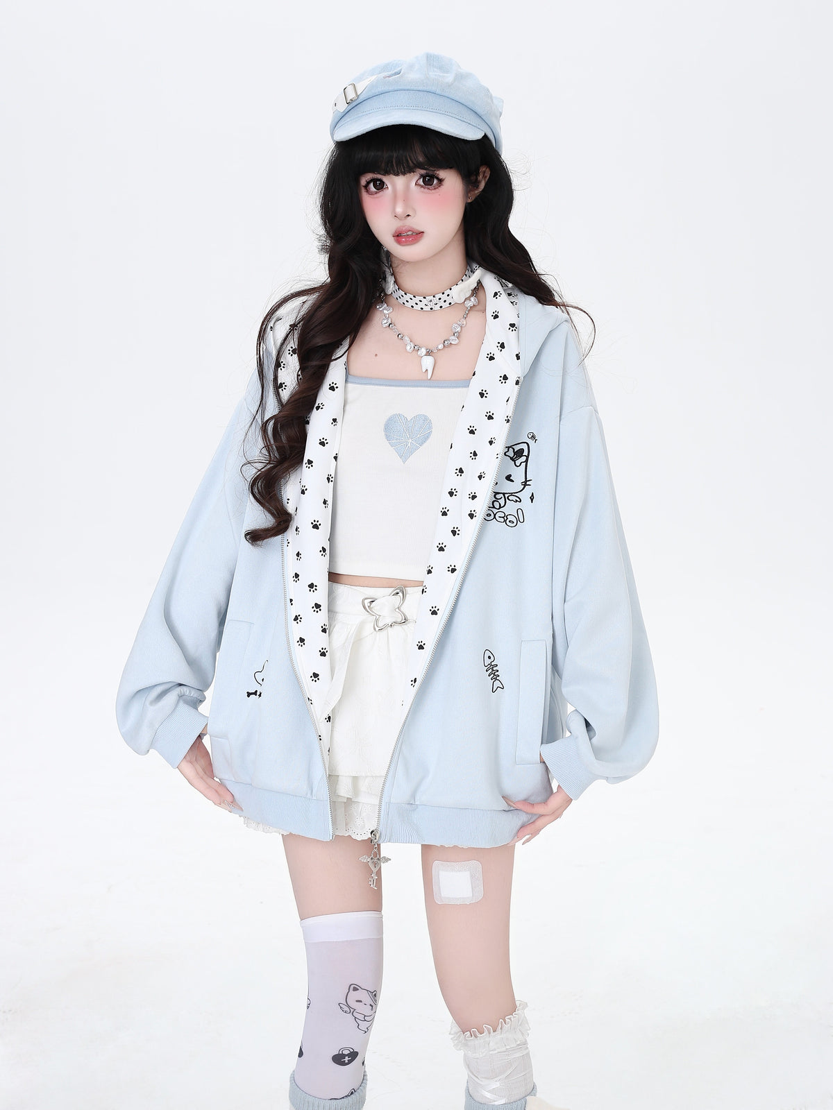 Cat Paw Embroidered Cat-Ear Zip Hoodie