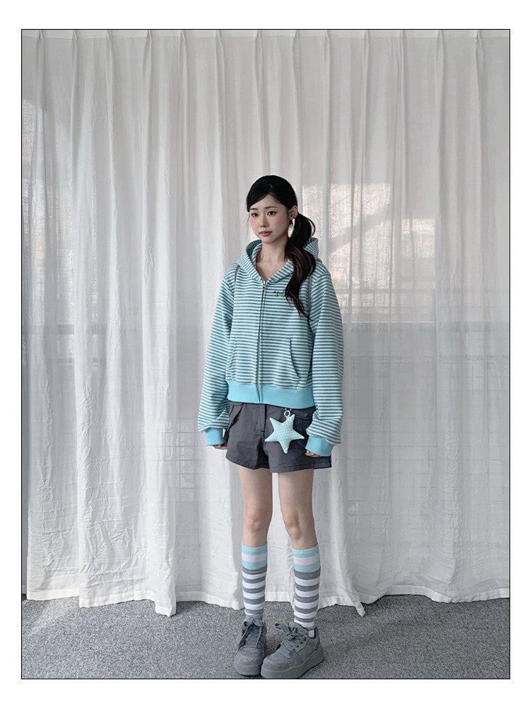 Mint Stripe Zip-Up Hoodie & Gray Utility Shorts