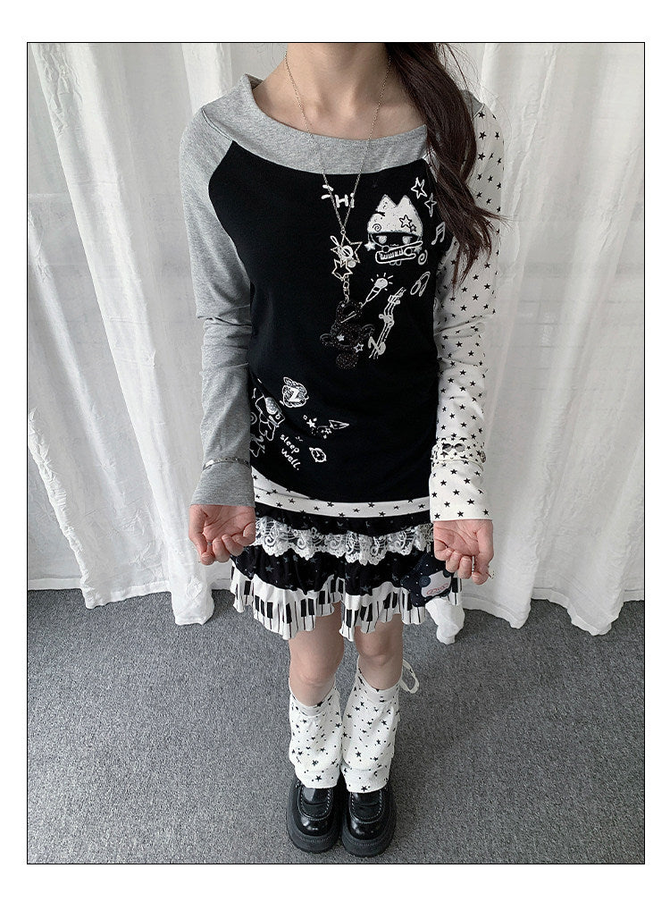 Star Graphic Asymmetric Layered Long Sleeve Top