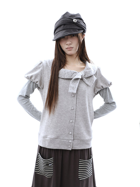 Polka Dot Bow Knit Top & Long Sleeve Two-Piece Set