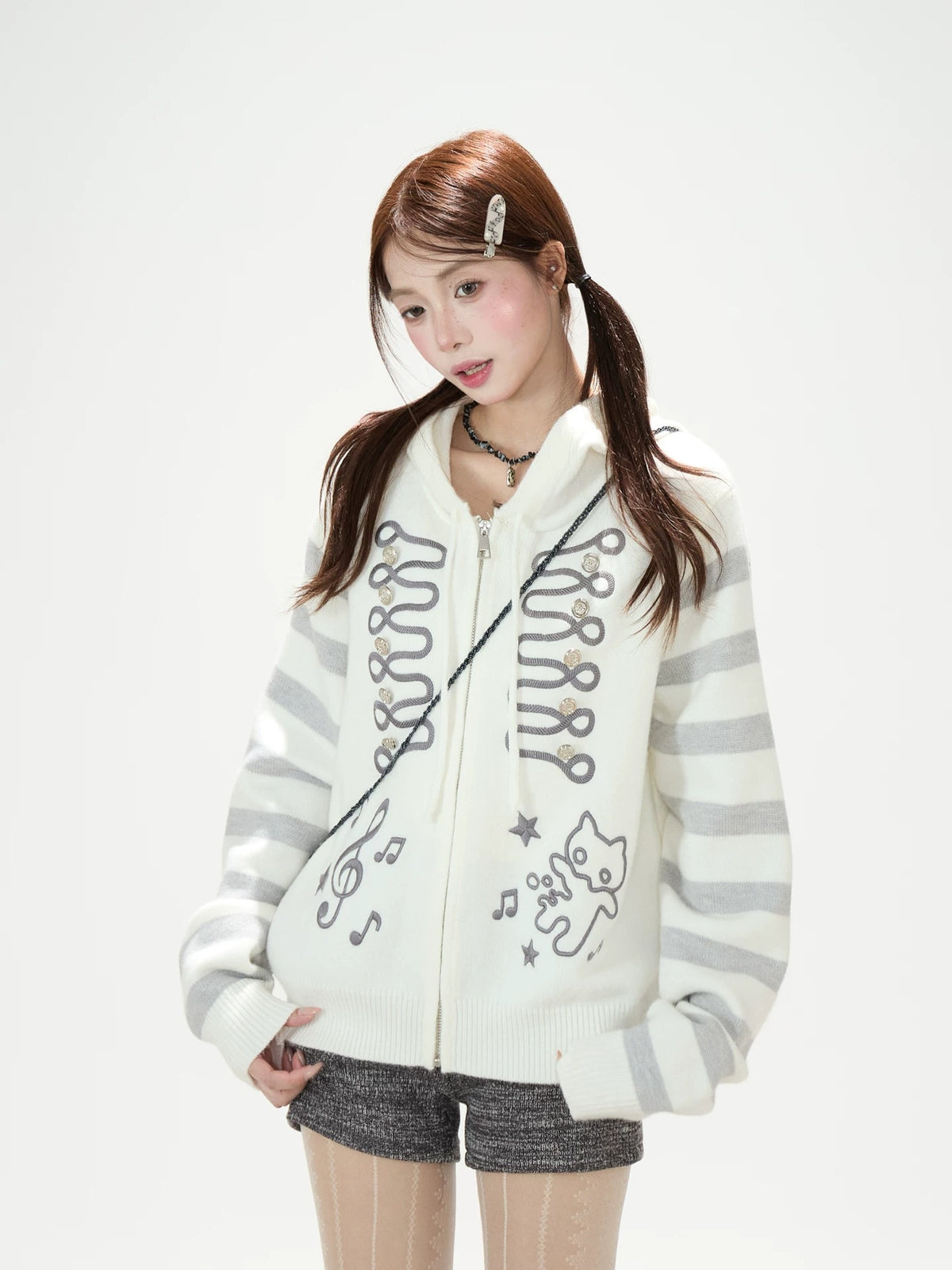 Doodle Stripe Hooded Knit Zip Cardigan