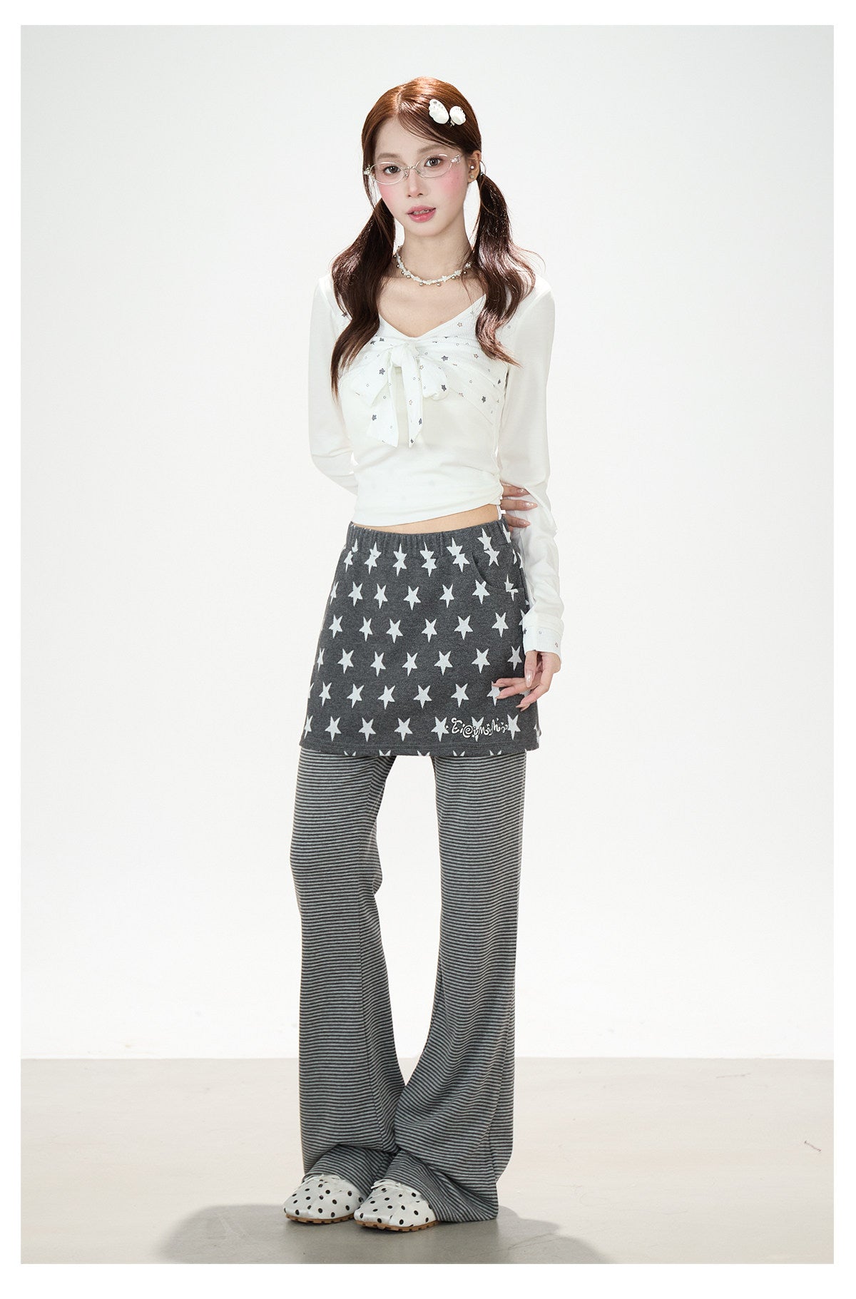 Star Bow-Tie Long Sleeve Top & Star Skirt-Layer Stripe Flared Pants