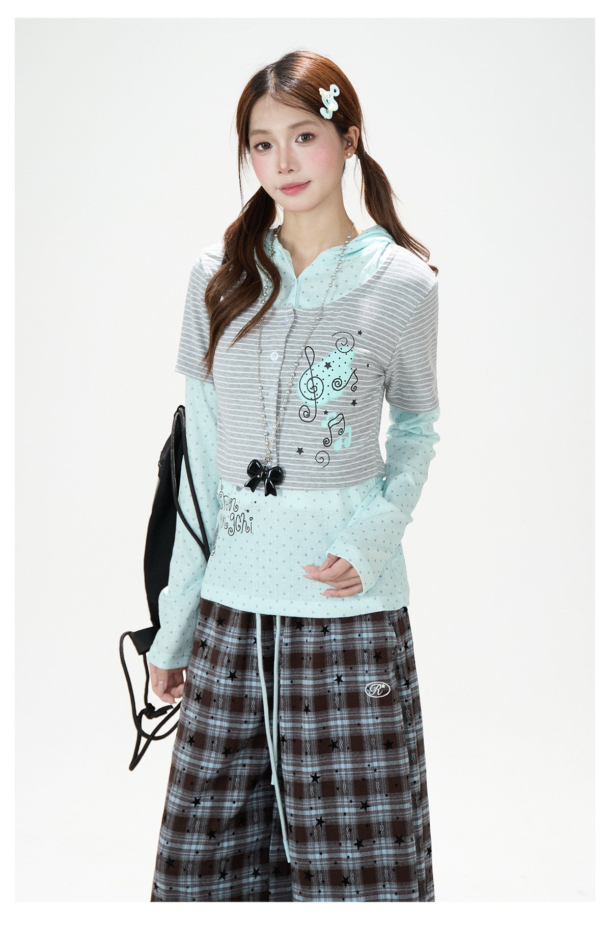 Striped Polka-Dot Layered Two-Piece Top Set & Star Patch Wide-Leg Jeans