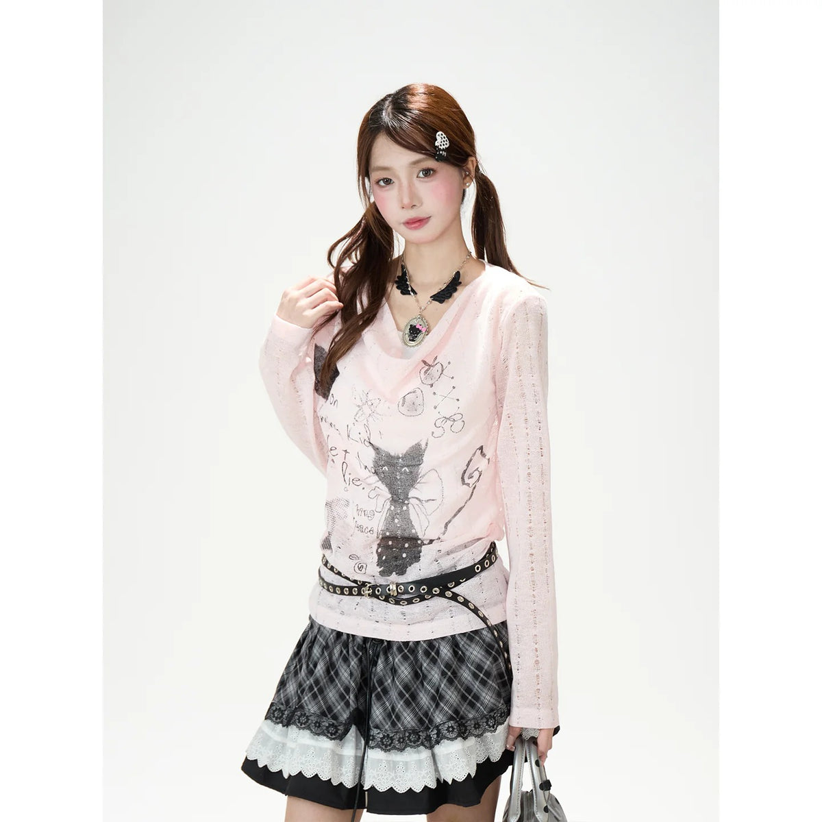 Graffiti Cutout Cowl-Neck Long Sleeve Top & Star Plaid Mini Skirt