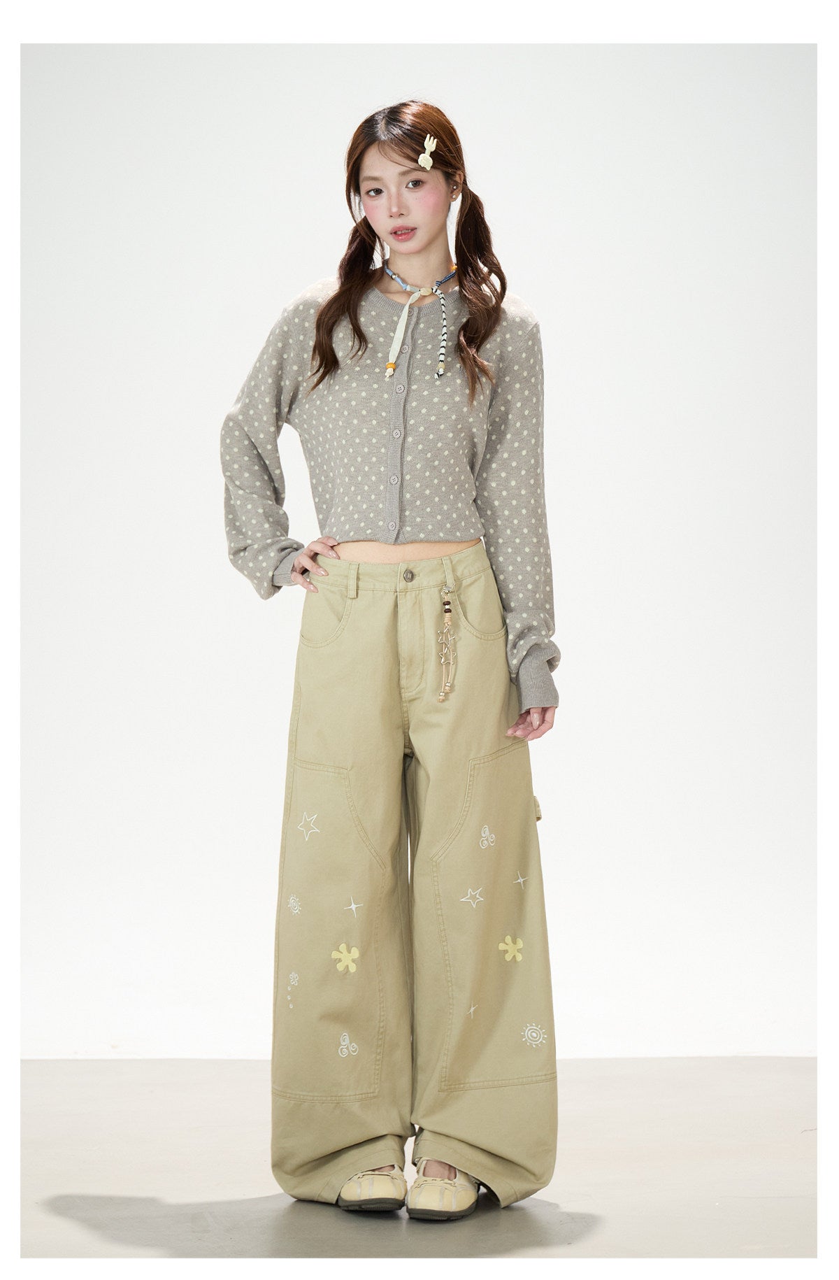 Playful Embroidered Wide-Leg Cargo Pants