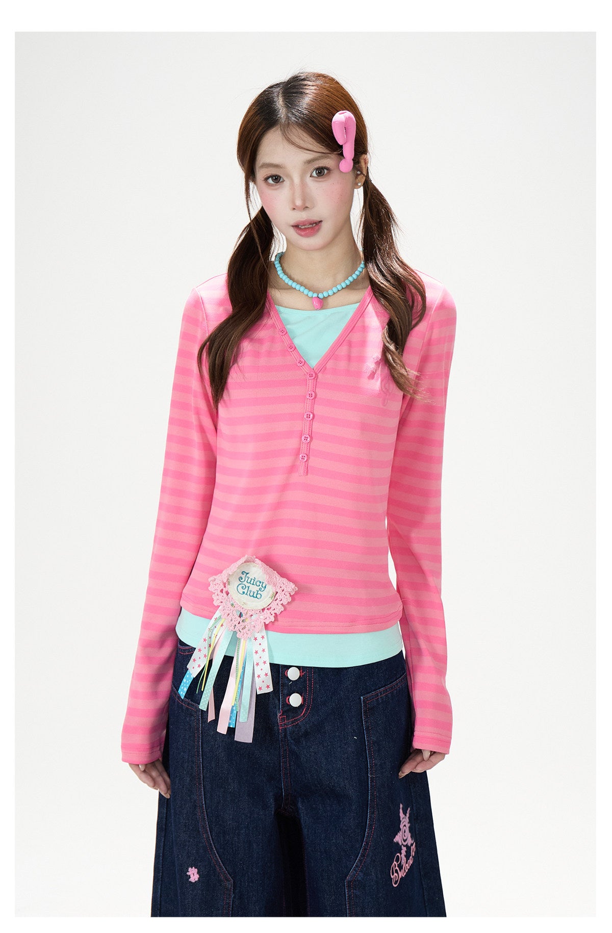 Pink Stripe Layered Long Sleeve Top & Music Note Star Embroidered Wide-Leg Jeans