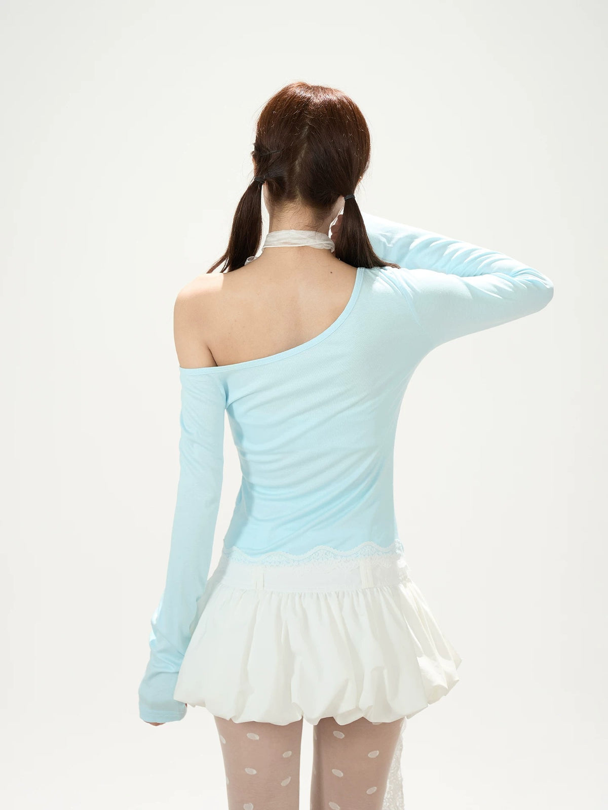 Ballet Ribbon Off-Shoulder Long Sleeve Top & White Ruffle Mini Skirt