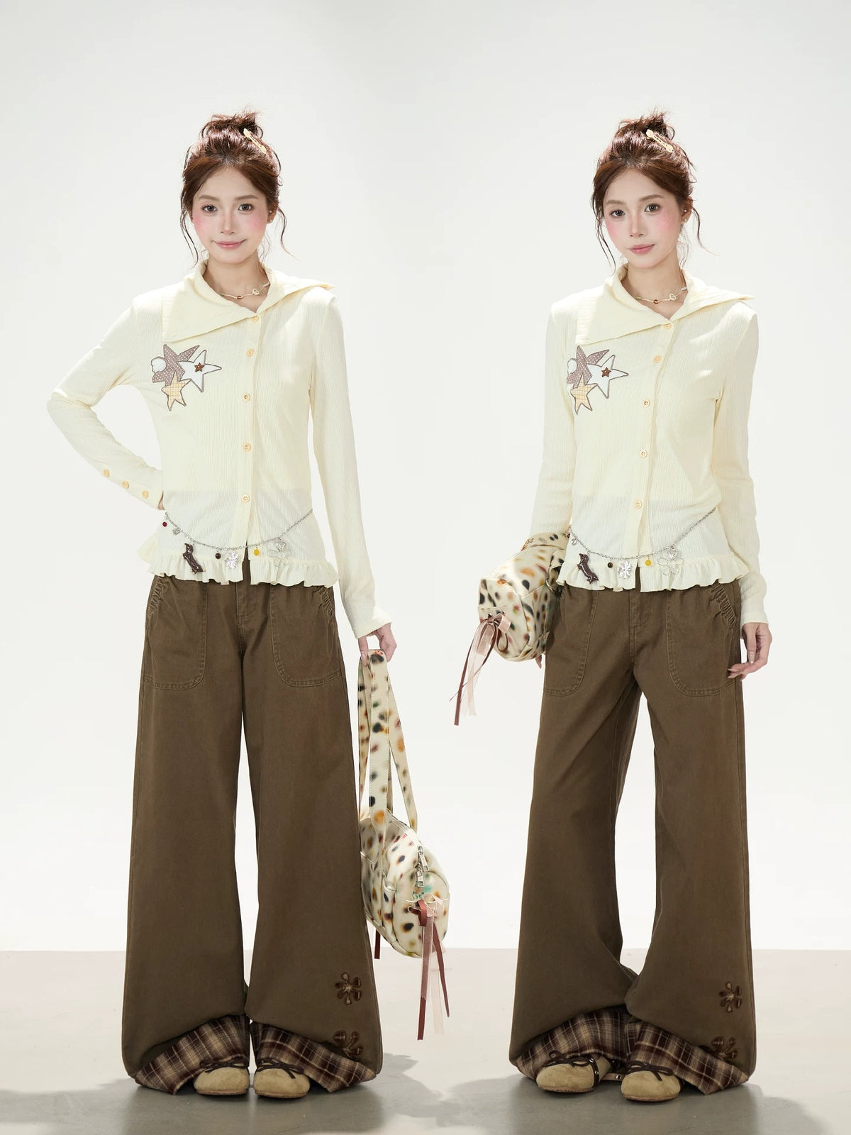 Star Patch Ruffle-Hem Collared Cardigan & Brown Plaid-Cuff Wide-Leg Pants