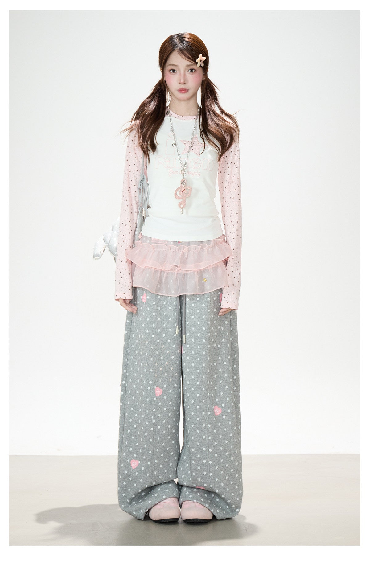 Pink Star Raglan Long Sleeve Top & Gray Heart Star Wide-Leg Pants
