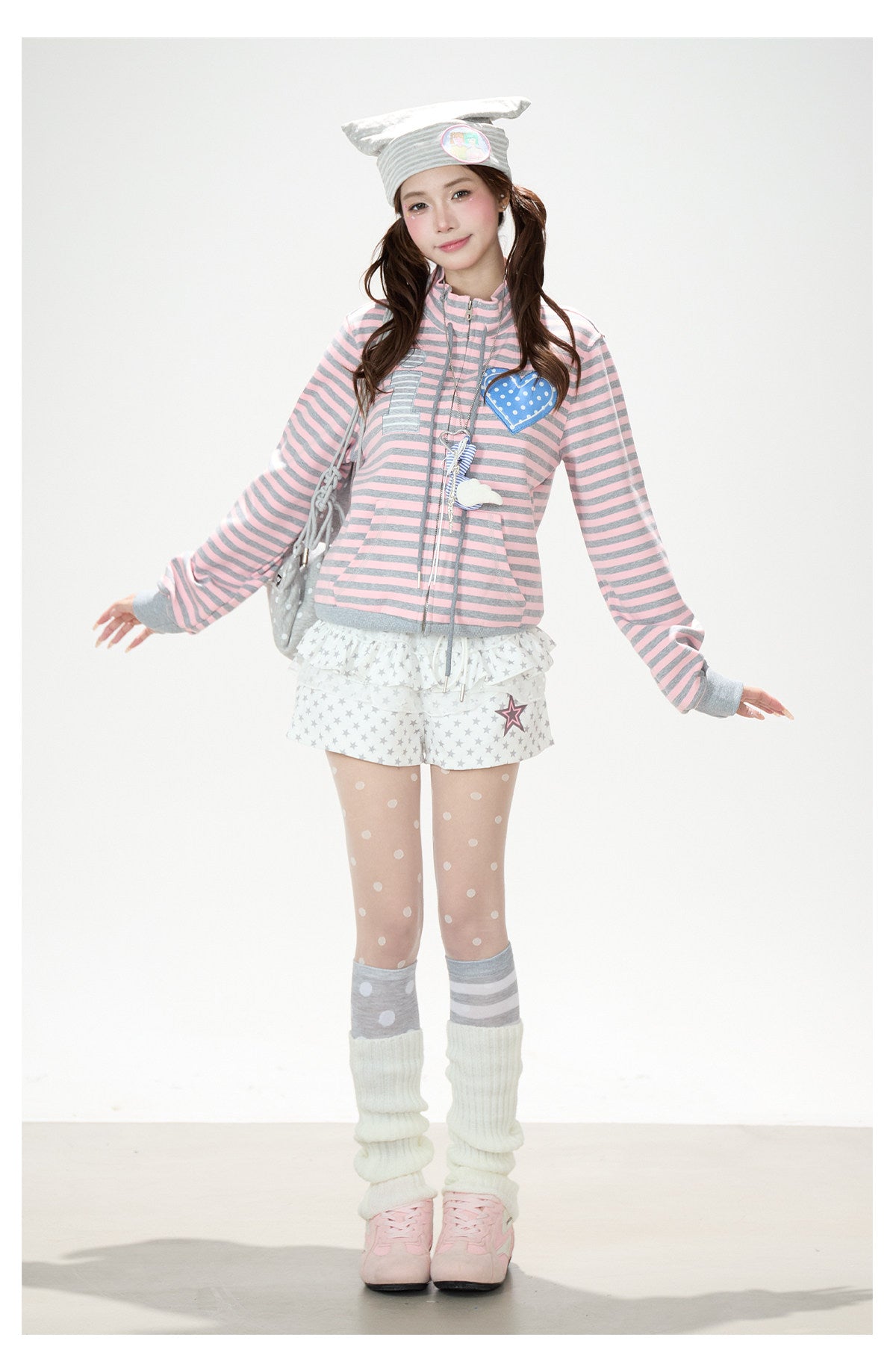 Heart Stripe Zip-Up Sweatshirt Jacket & White Star Shorts