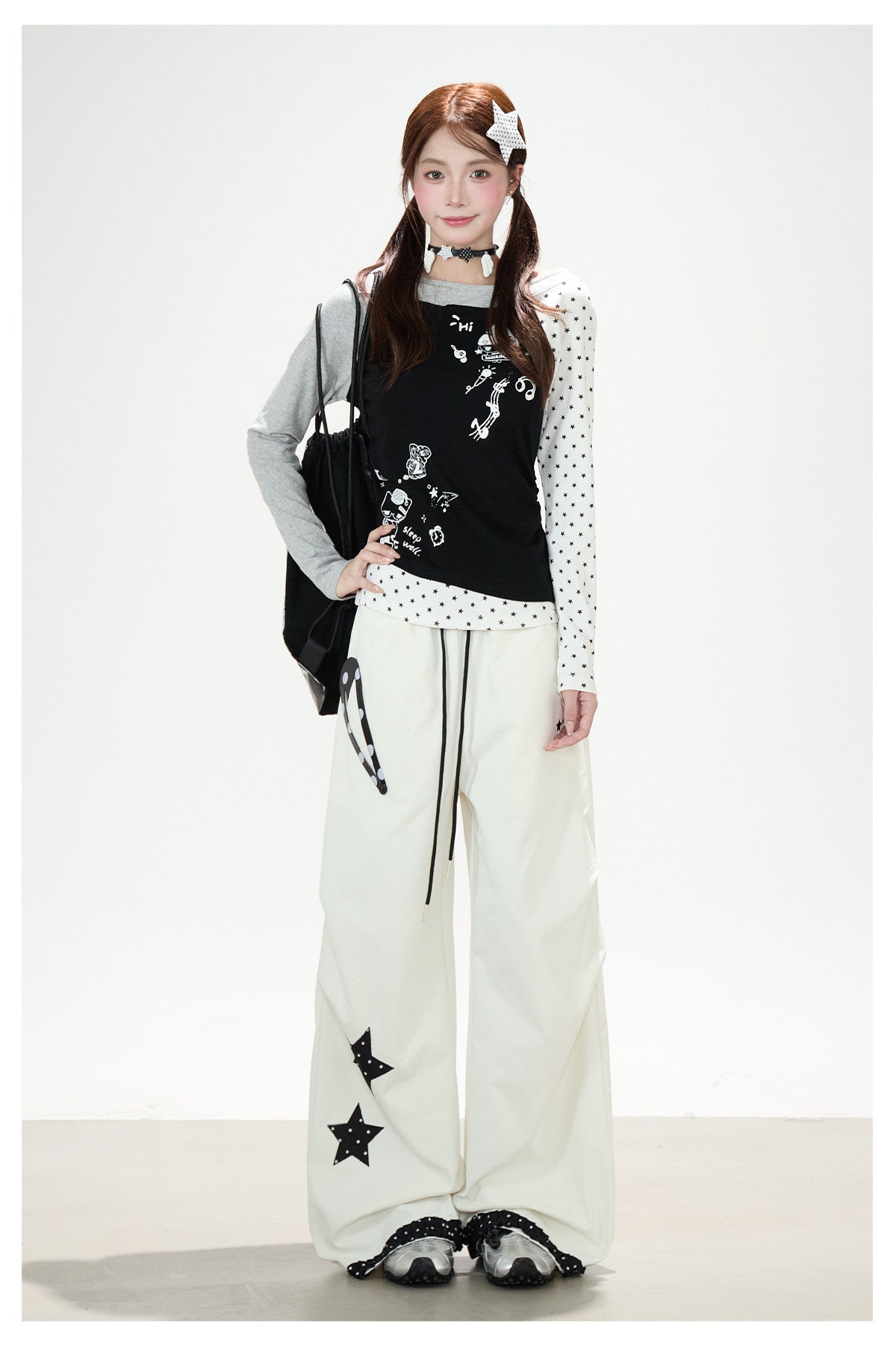 Star Polka-Dot Patchwork Wide-Leg Cargo Pants
