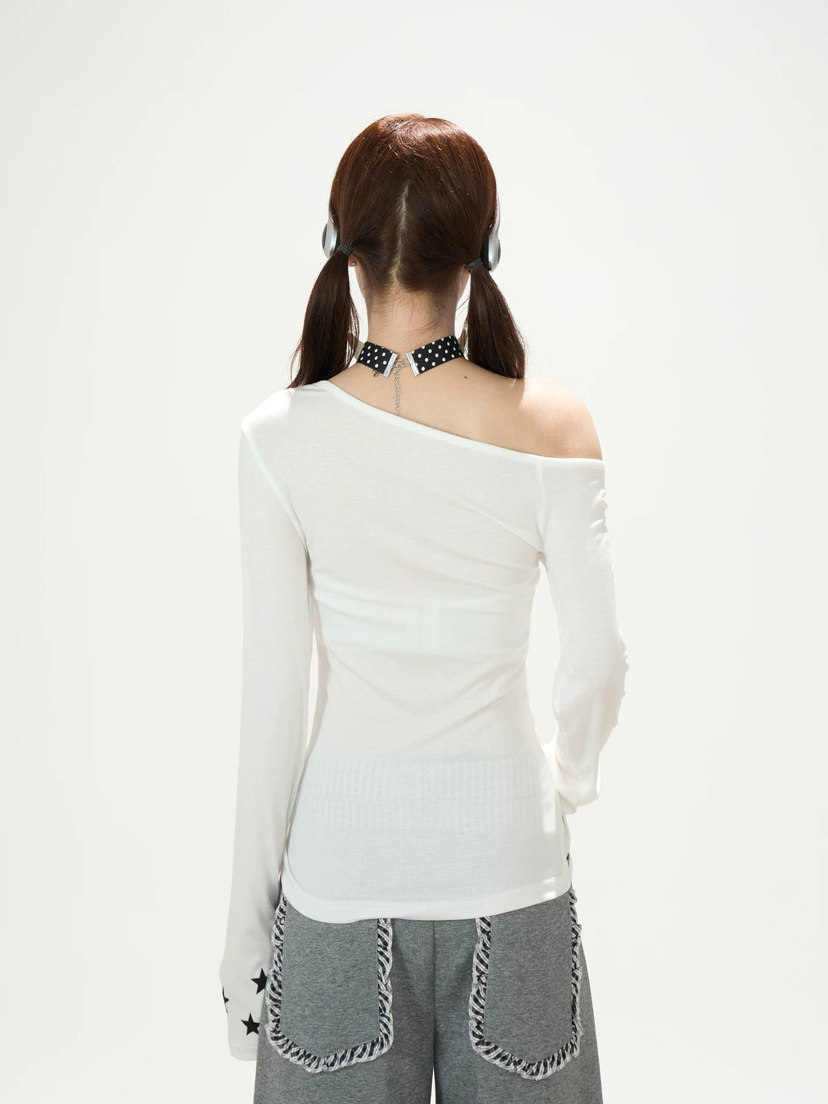 Star Letter Off-Shoulder Long Sleeve Top & Gray Graphic Wide-Leg Pants