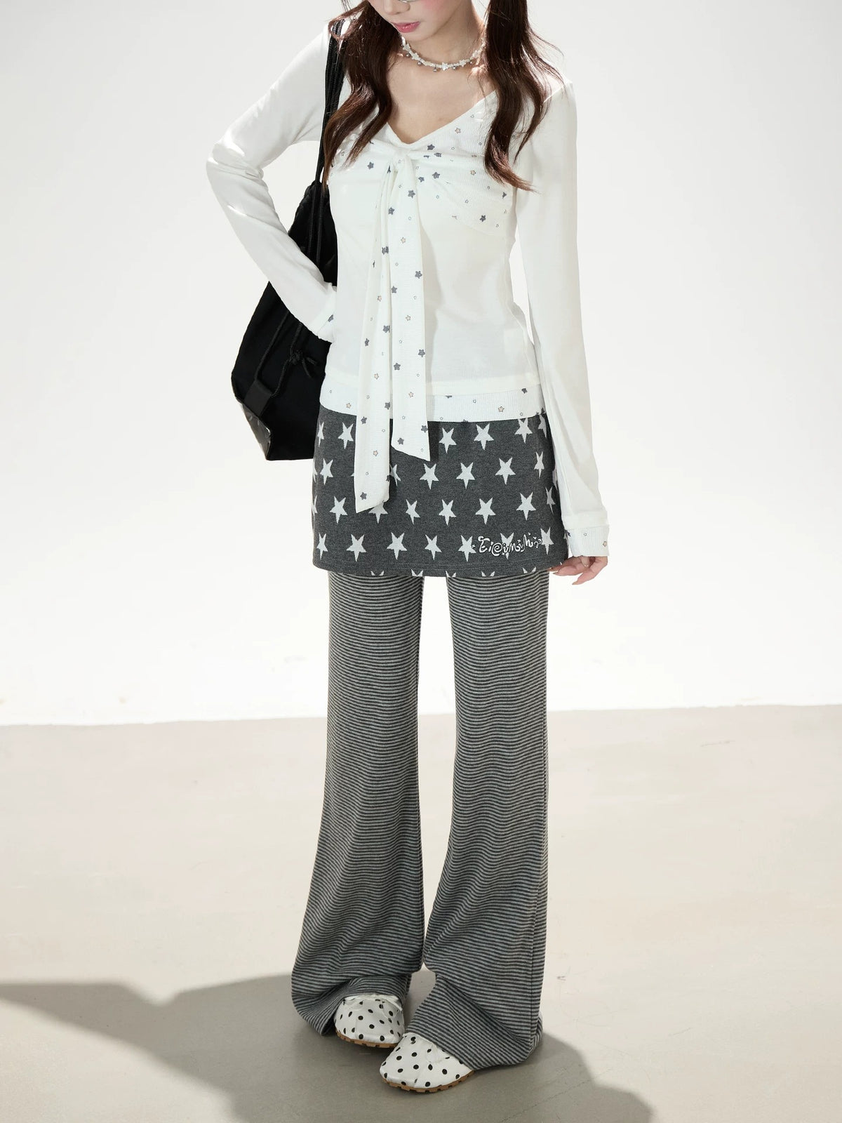 Star Bow-Tie Long Sleeve Top & Star Skirt-Layer Stripe Flared Pants
