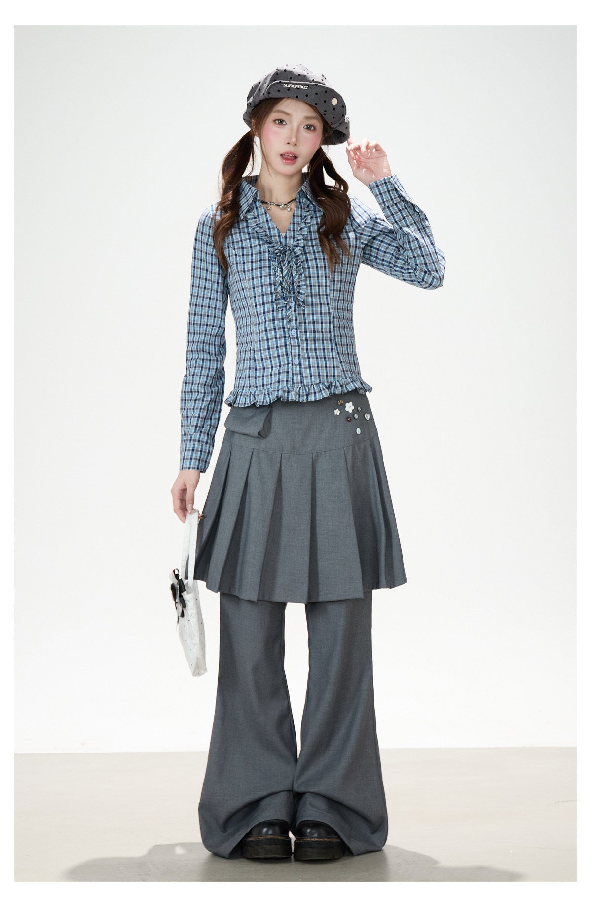 Pleated Skirt-Layer Flared Pants