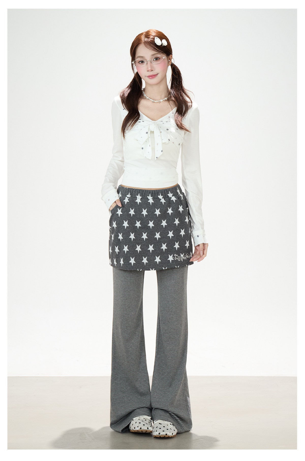 Star Bow-Tie Long Sleeve Top & Star Skirt-Layer Stripe Flared Pants