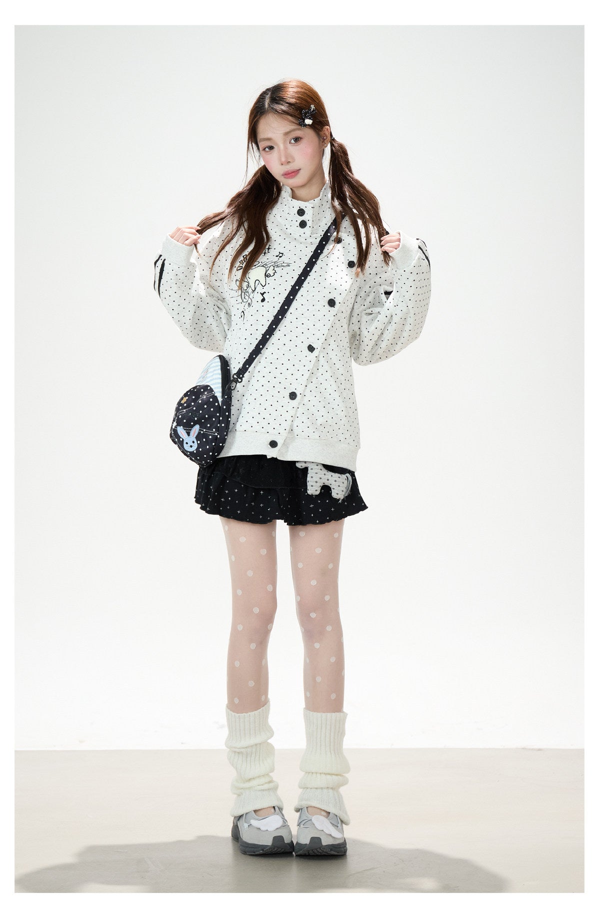 Polka-Dot Stripe Asymmetric Button Jacket & Star Print Shorts