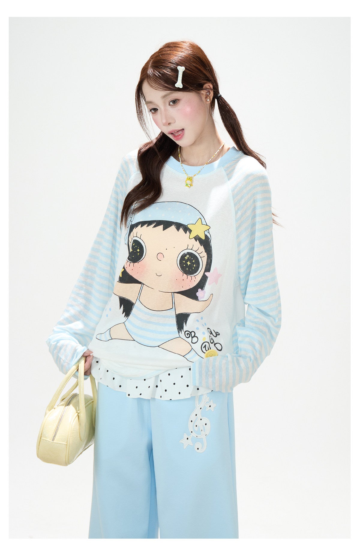 Cartoon Girl Stripe Raglan Long Sleeve Top & Black Polka-Dot Ruffle Skirt
