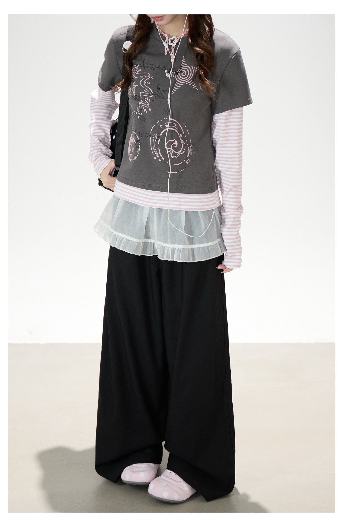 Graffiti Layered Long Sleeve Top & Black Wide-Leg Pants
