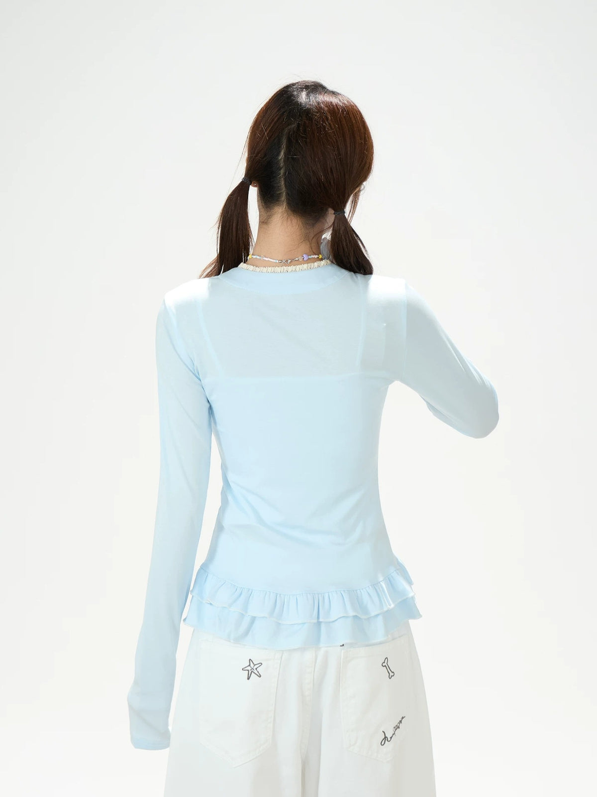 Ruffle Hem Button Long Sleeve Top & White Wide-Leg Pants
