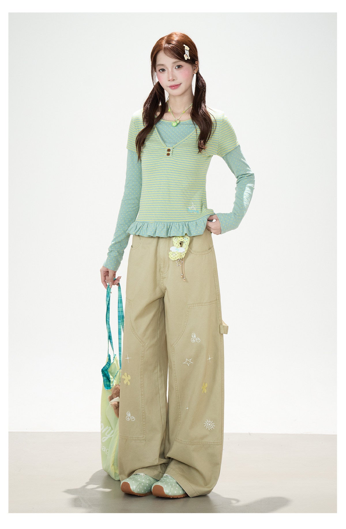 Polka-Dot Stripe Layered Long Sleeve Top & Embroidered Khaki Wide-Leg Cargo Pants