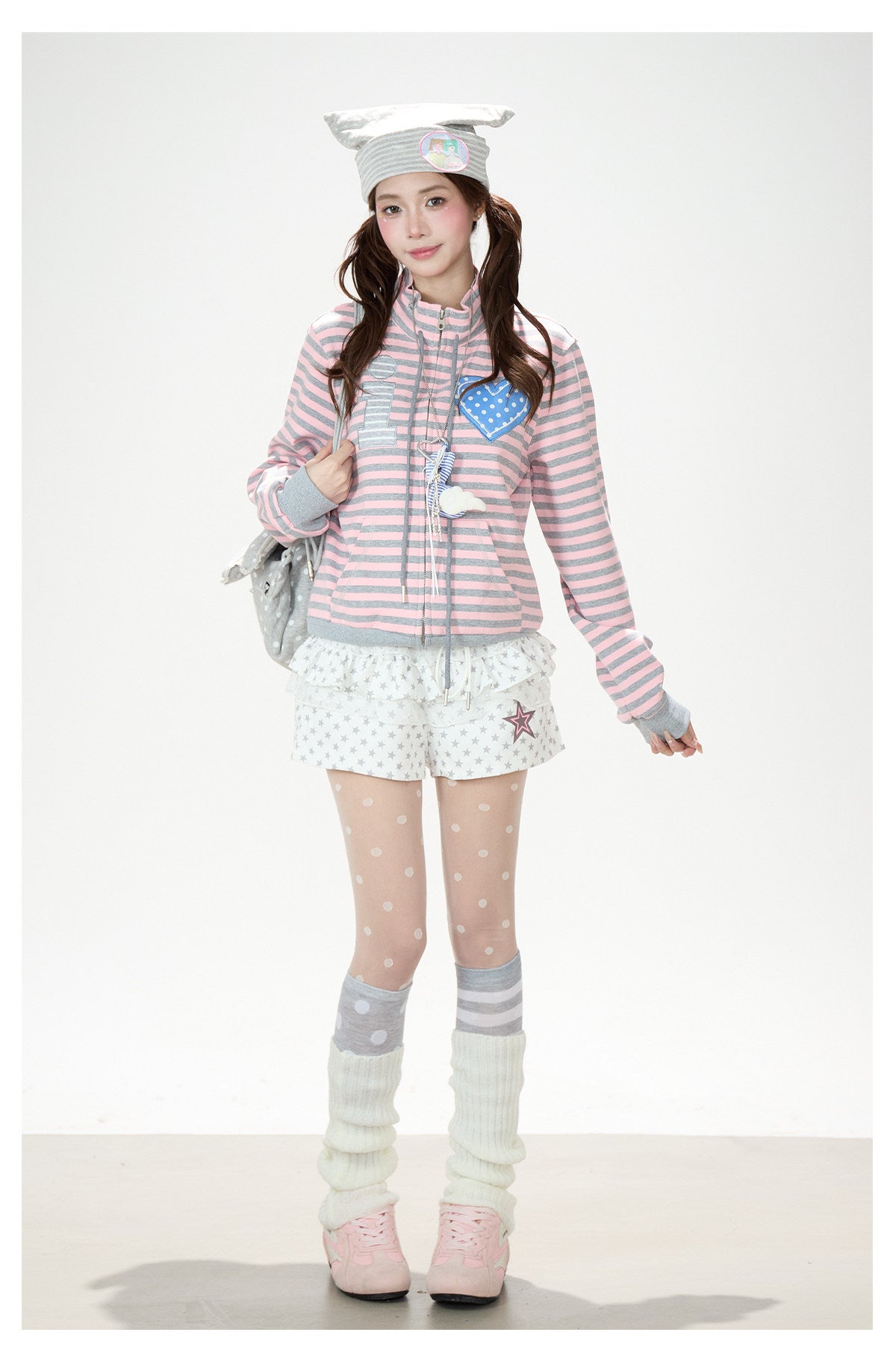 Heart Stripe Zip-Up Sweatshirt Jacket & White Star Shorts