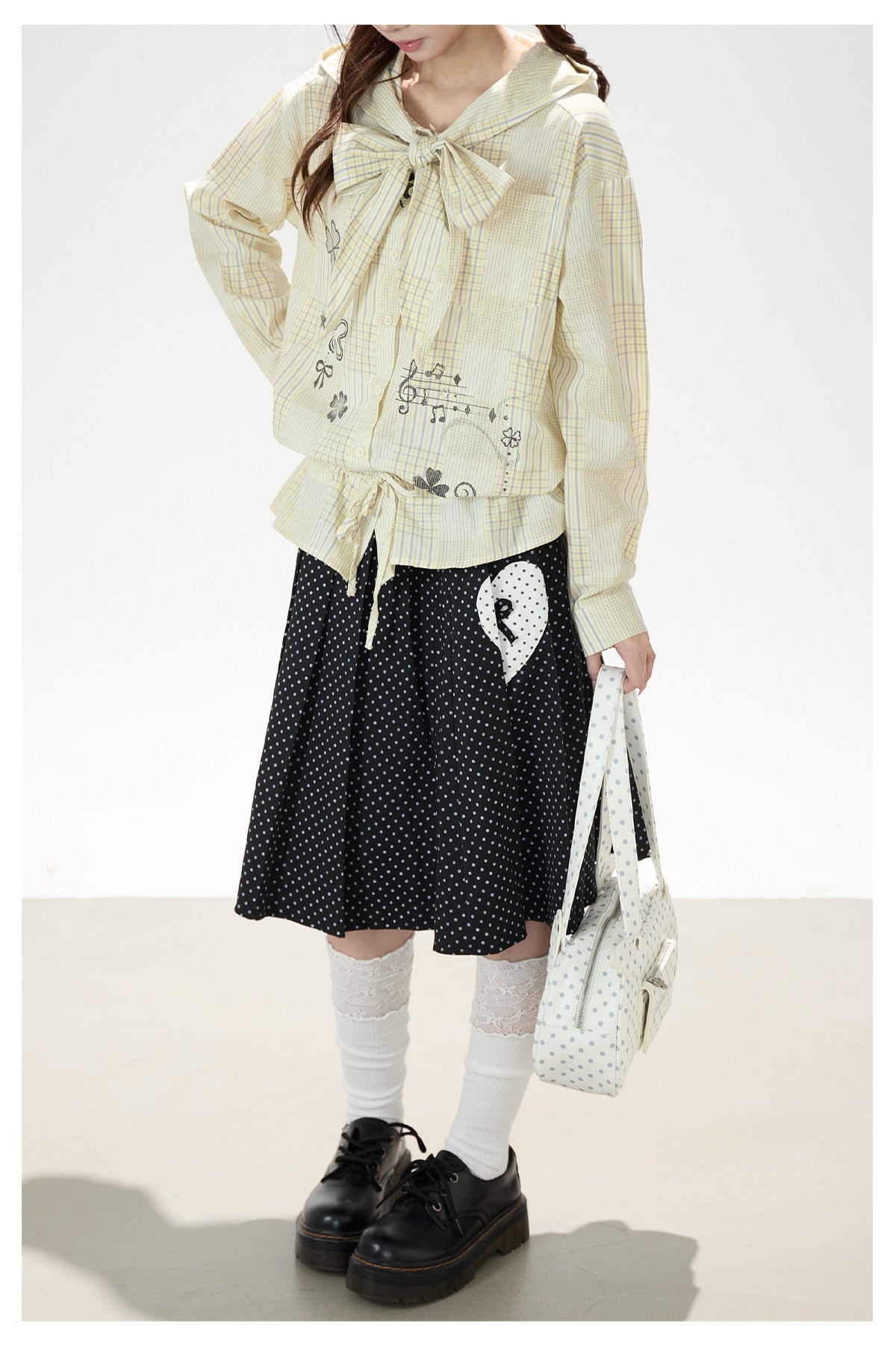 Plaid Hooded Long Sleeve Shirt & Black Polka-Dot Midi Skirt