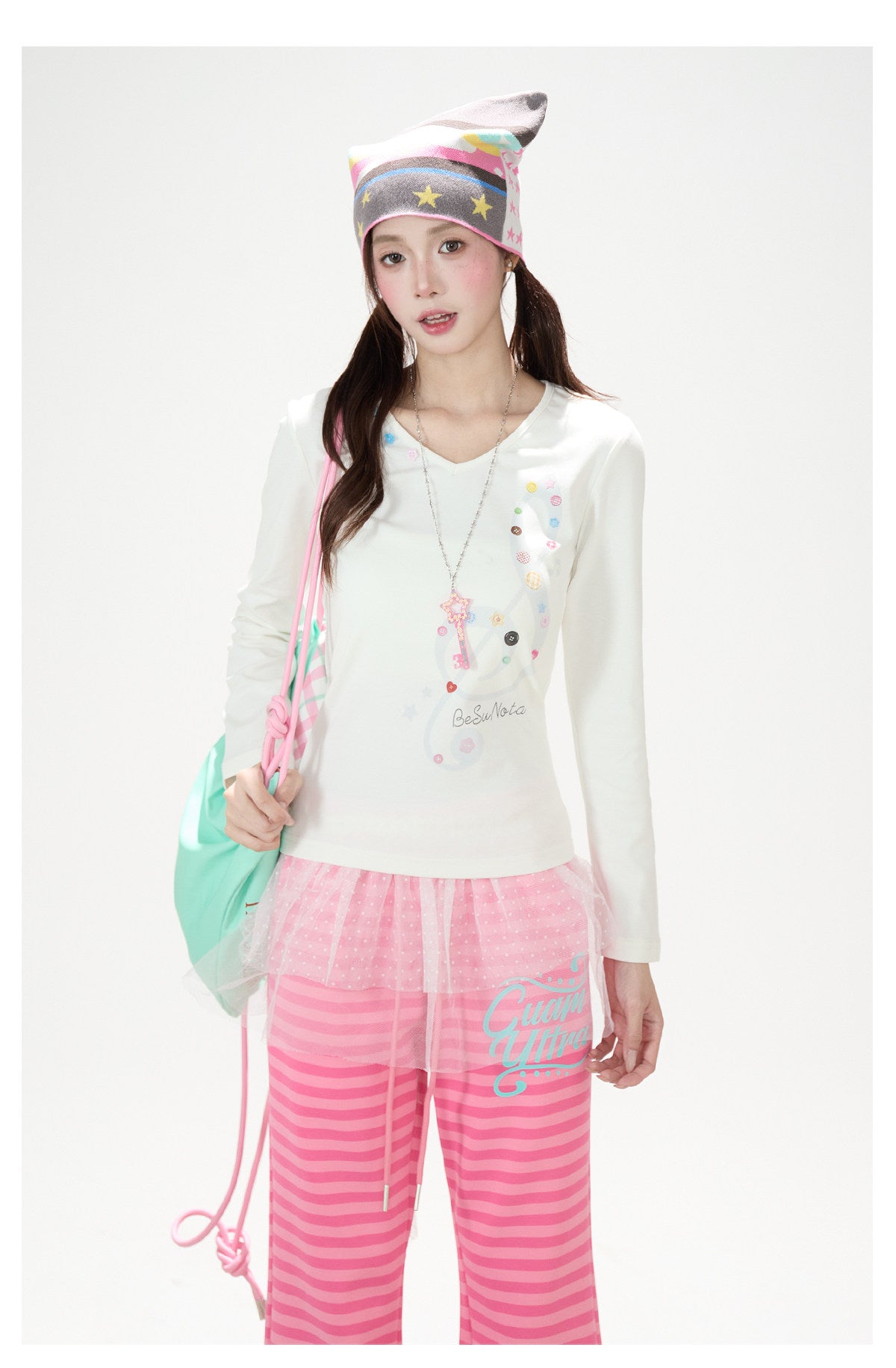 Music Note Star Button V-Neck Long Sleeve Top & Pink Stripe Wide-Leg Pants