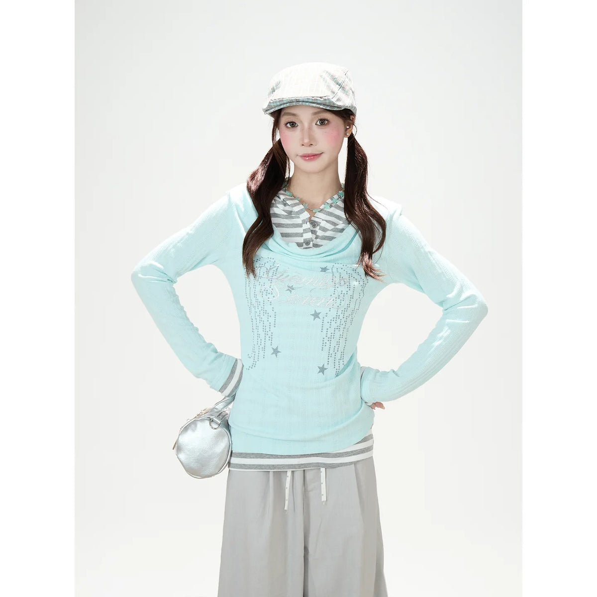 Cowl-Neck Hooded Layered Long Sleeve Top & Gray Wide-Leg Pants