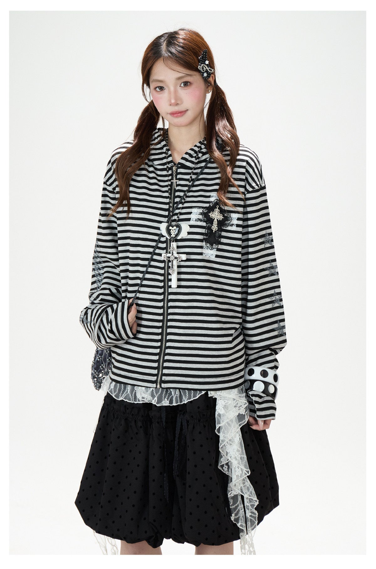 Lace Cross Stripe Zip-Up Hoodie & Black Polka-Dot Ruffle Midi Skirt