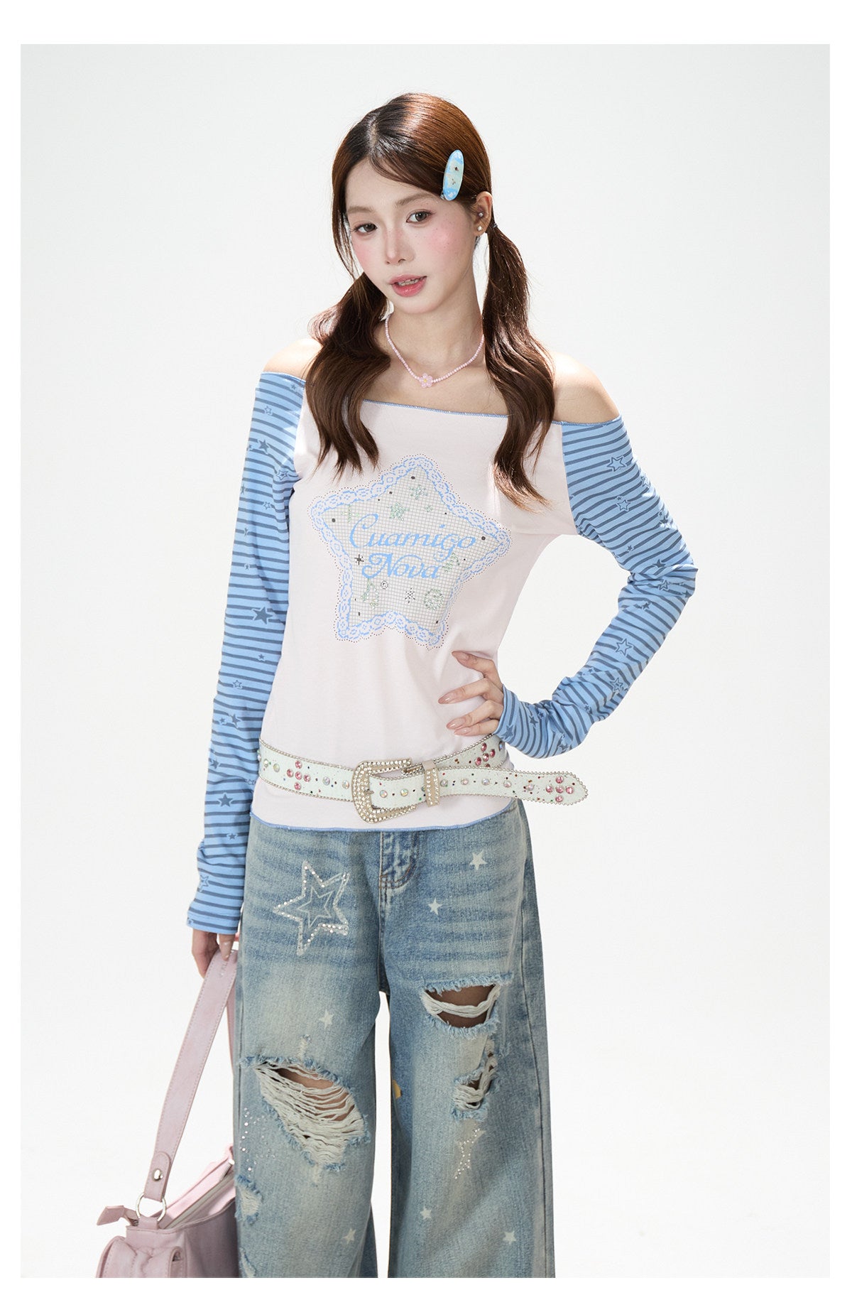 Star Stripe Off-Shoulder Long Sleeve Top & Graphic Star Wide-Leg Pants