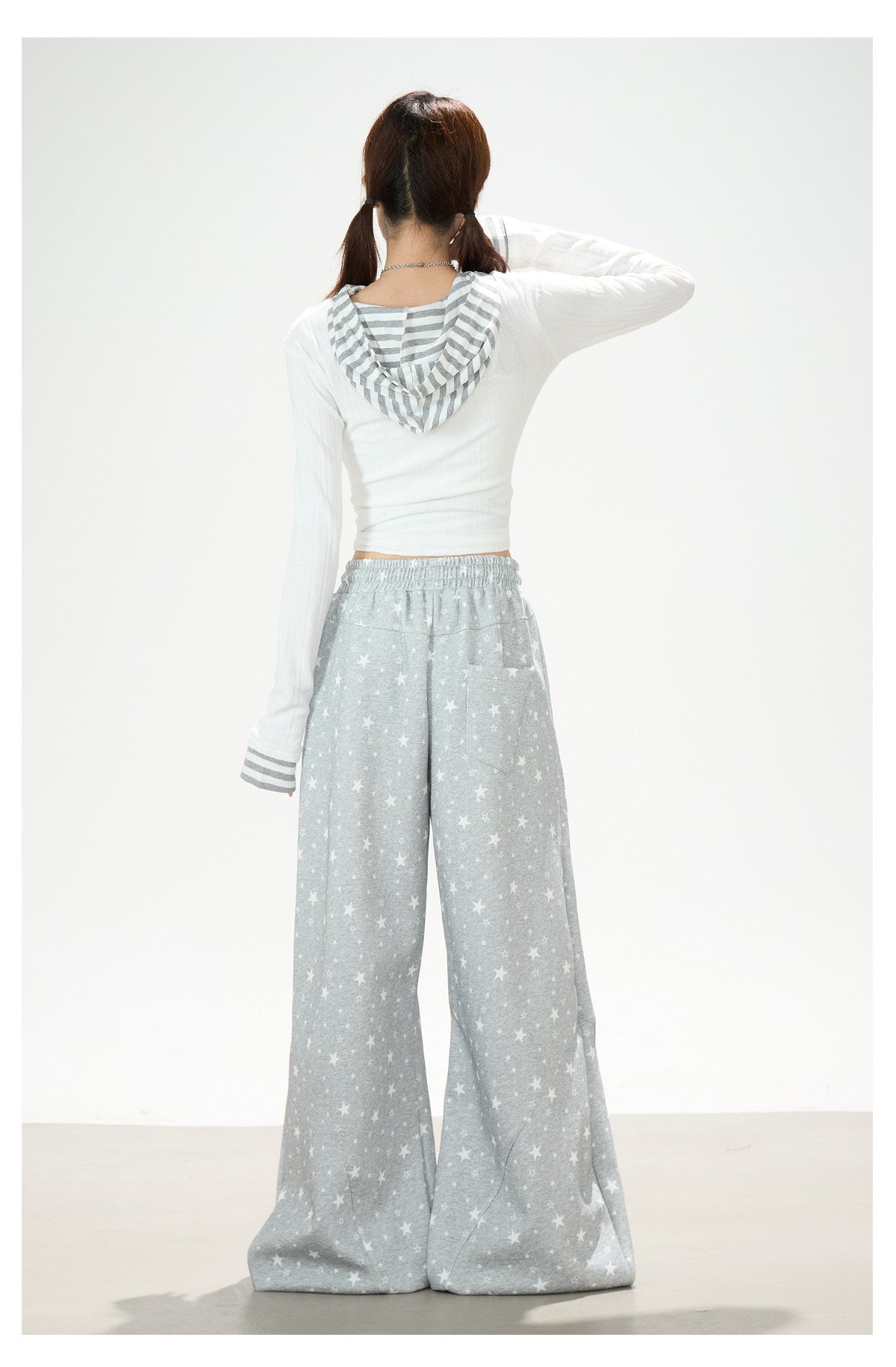 Cowl-Neck Hooded Layered Long Sleeve Top & Gray Wide-Leg Pants