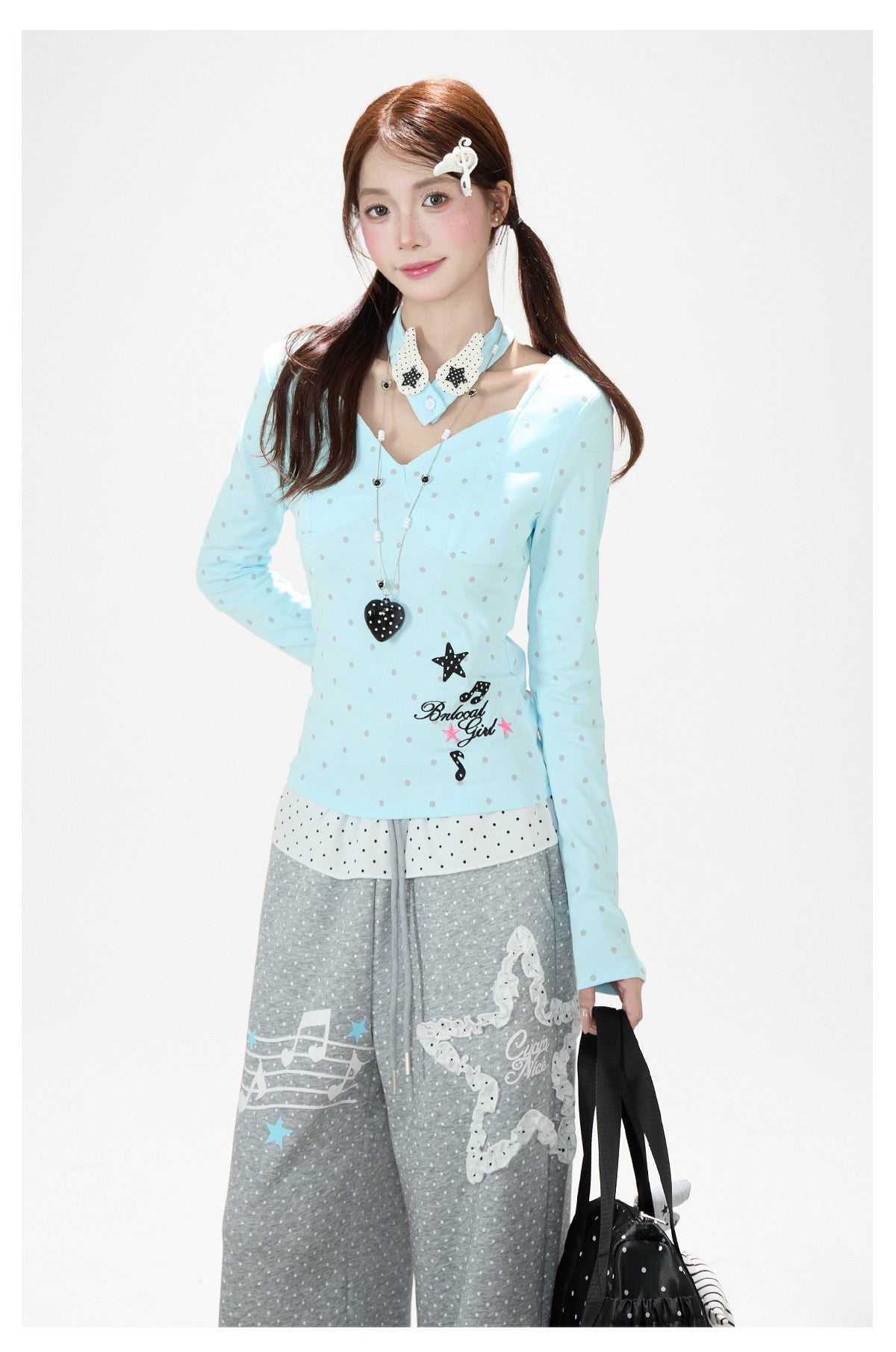 Polka-Dot V-Neck Long Sleeve Top & Lace Star Wide-Leg Pants