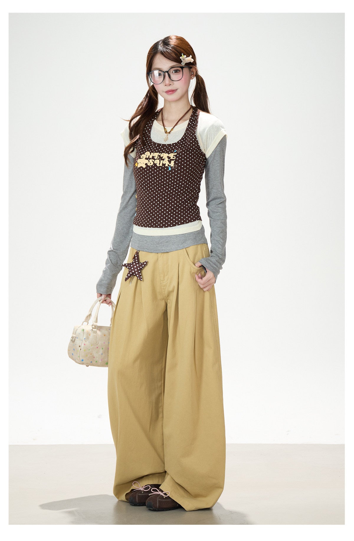 Coffee Polka-Dot Layered Long Sleeve Top
