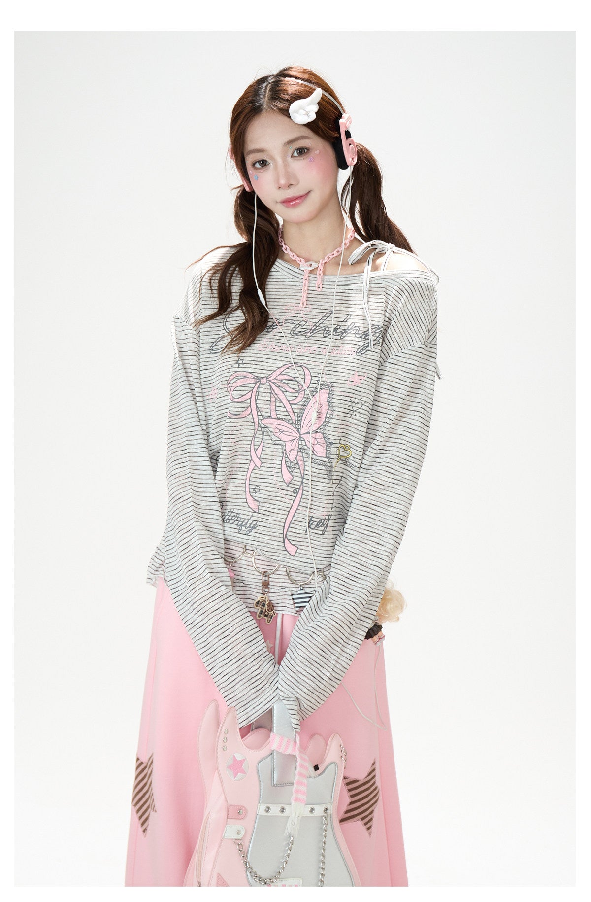 Bow Stripe Off-Shoulder Long Sleeve Top & Pink Wide-Leg Pants
